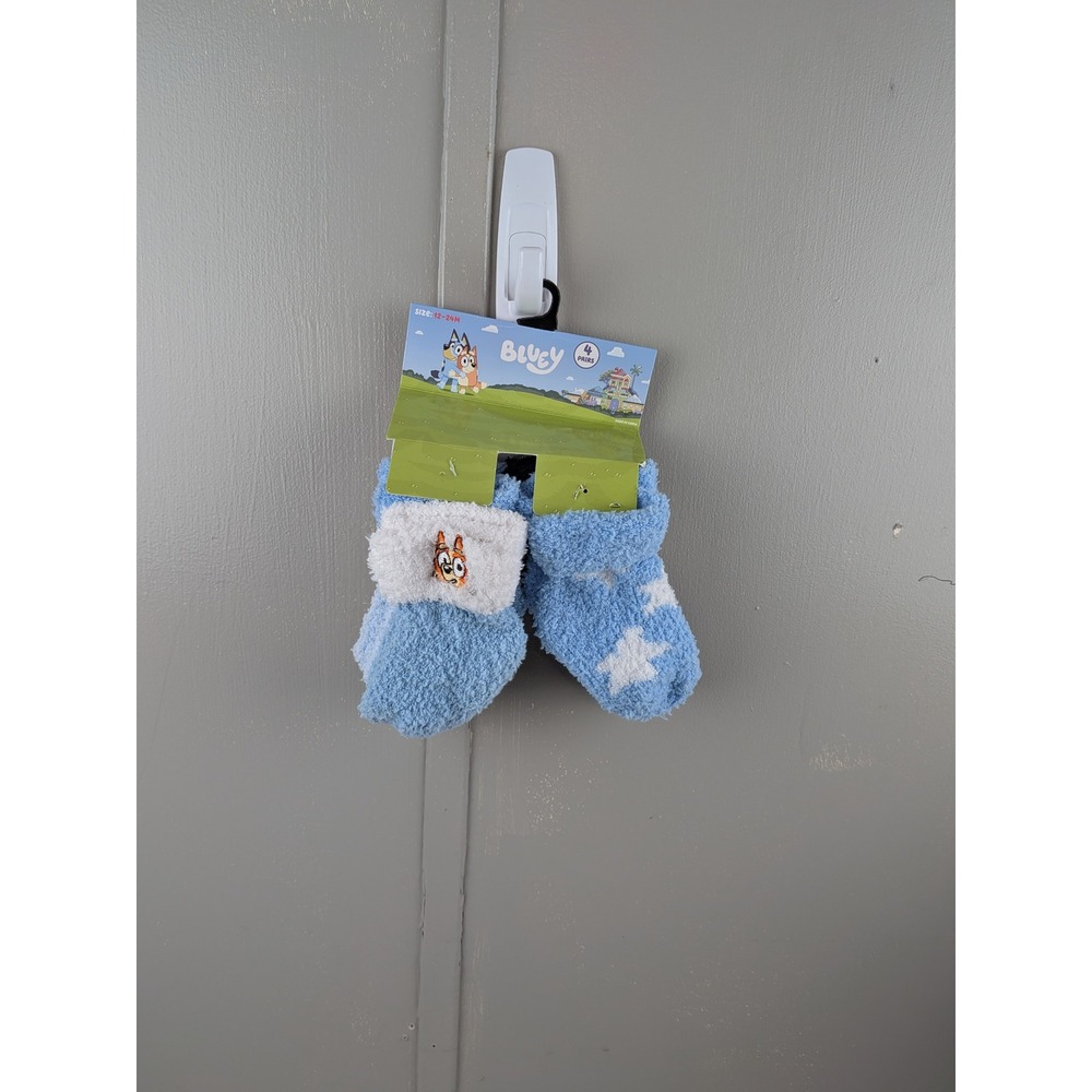 Bluey Toddler Fuzzy Turn-Cuff Socks 4-Pack Blue White Stars Size 12-24M NEW